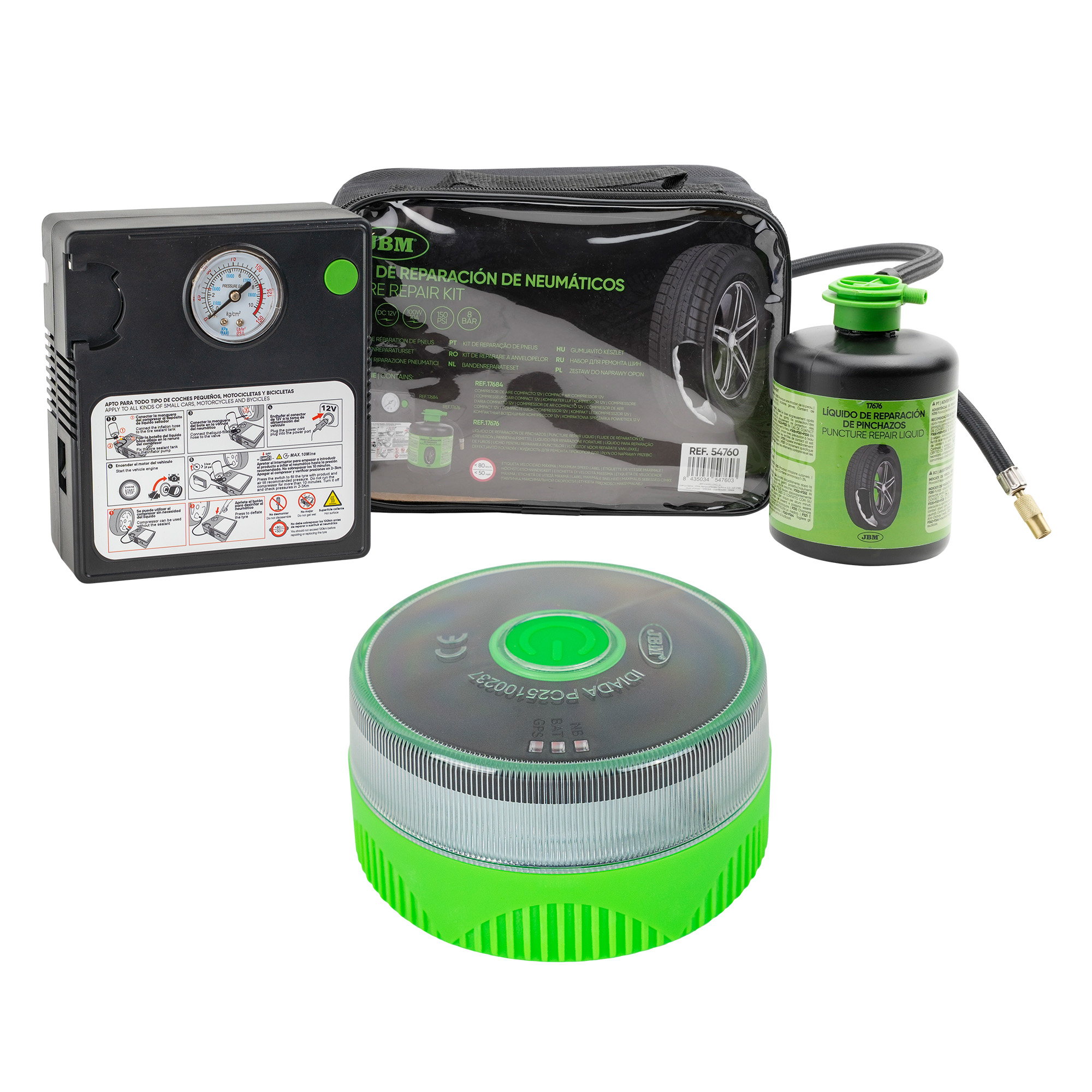 KIT PARA VEHÍCULO - BALIZA V16 GEOLOCALIZABLE + KIT SELLADOR DE PINCHAZOS