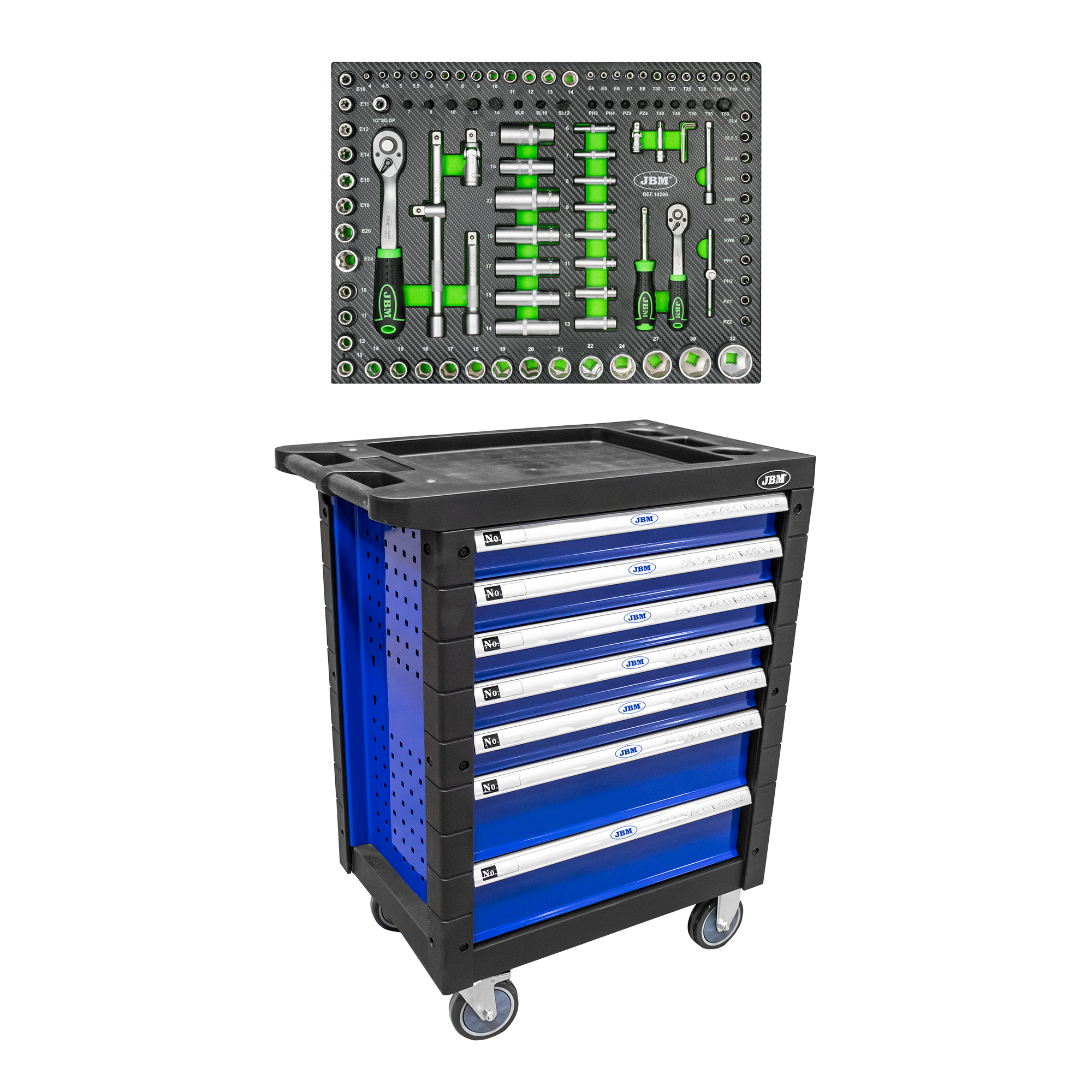 SERVANTE DE 7 TIRORS SANS OUTILS - BLEU + 14296Y MODULE DE DOUILLES 108 PIÈCES 6 PANS - OUTILS