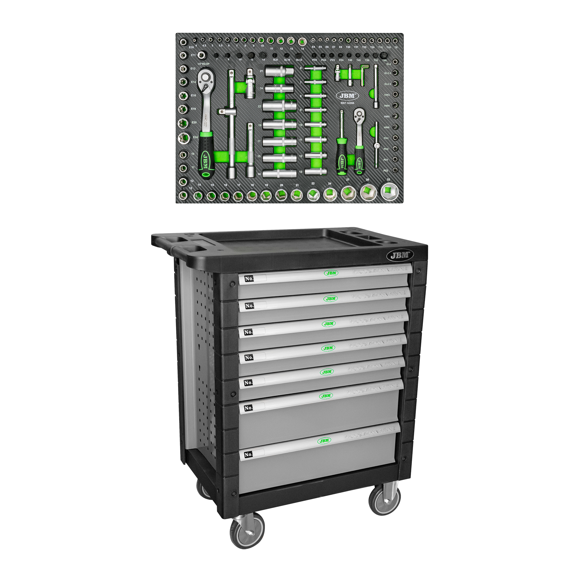 SERVANTE DE 7 TIRORS SANS OUTILS - GRIS + 14296Y MODULE DE DOUILLES 108 PIÈCES 6 PANS - OUTILS