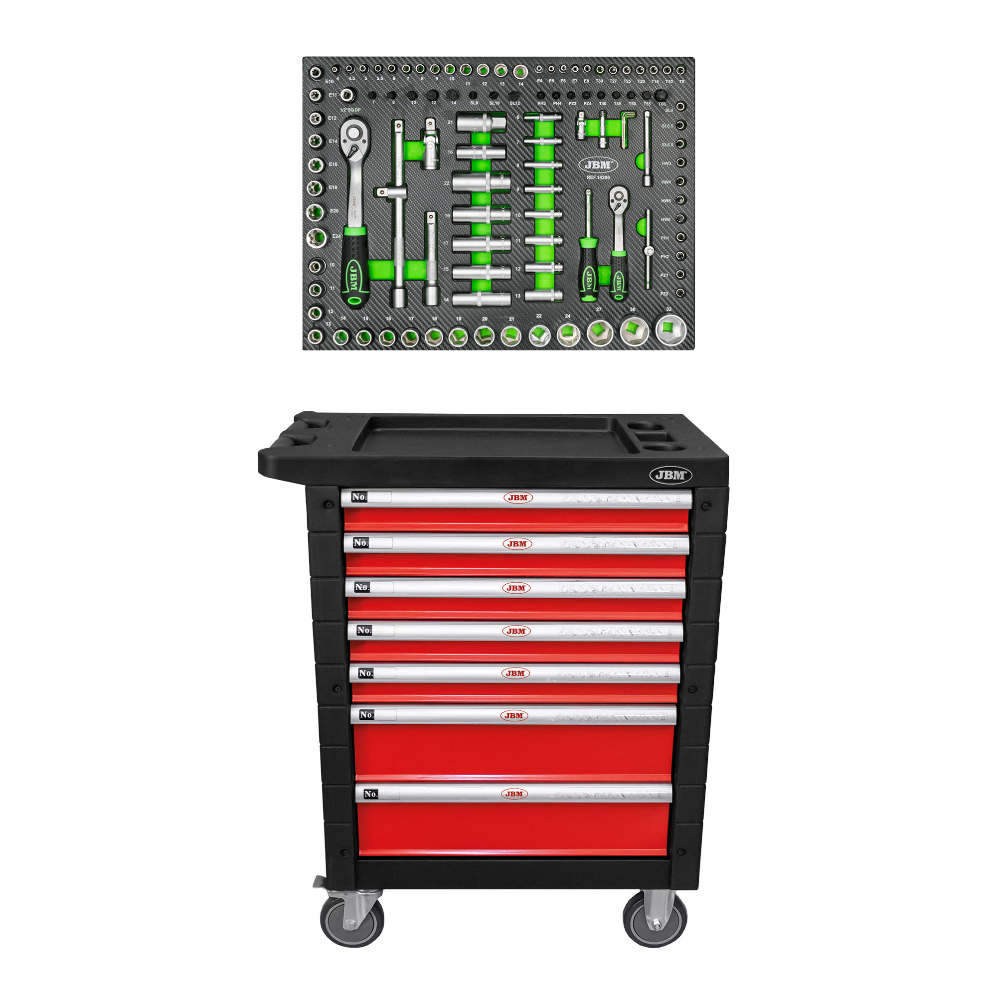SERVANTE DE 7 TIRORS SANS OUTILS - ROUGE + 14296Y MODULE DE DOUILLES 108 PIÈCES 6 PANS - OUTILS