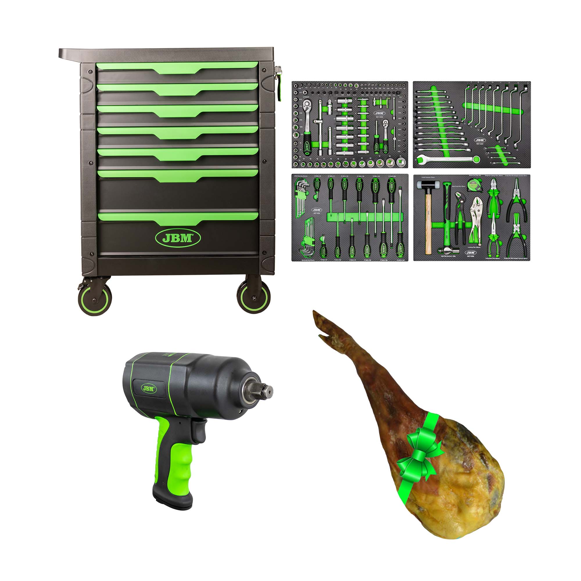 SERVANTE D'OUTILS 7 TIROIRS - VERD + CLÉ À CHOC 1/2" 1200NM + JAMBON