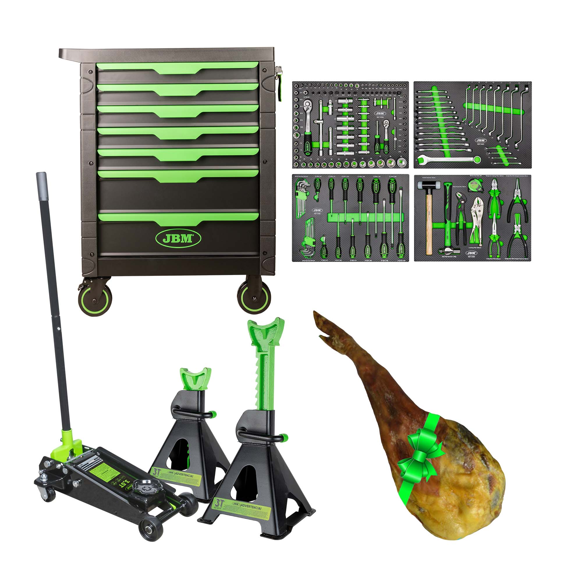SERVANTE D'OUTILS 7 TIROIRS - VERD + 50818 CRIC ROULEUR 3,5T + 53779