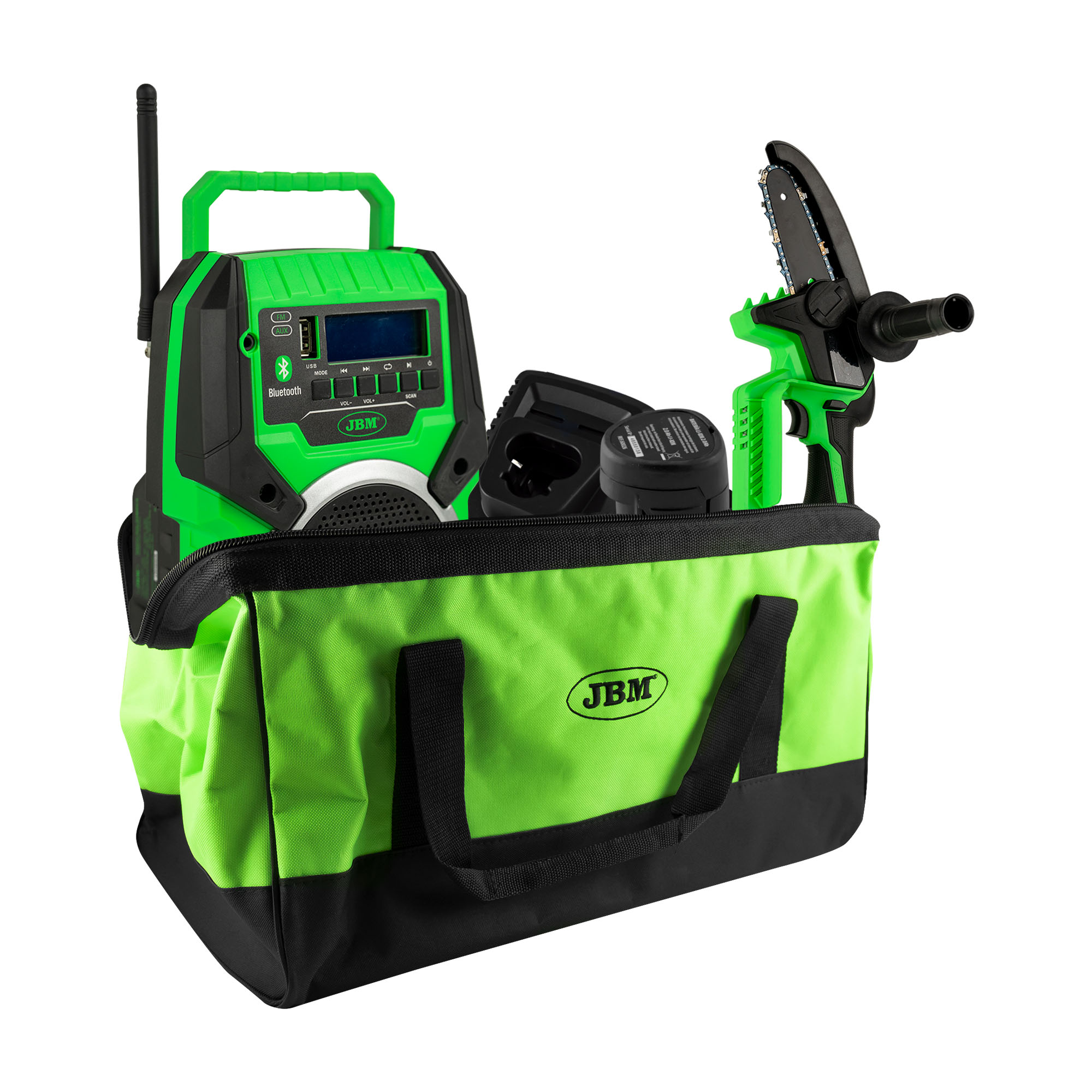 60056 MINI SIERRA DE 12V + 60055 RADIO +60025 CARGADOR 12V+ 60026 BATERÍA LI-ION 2.0AH + 53782 BOLSA