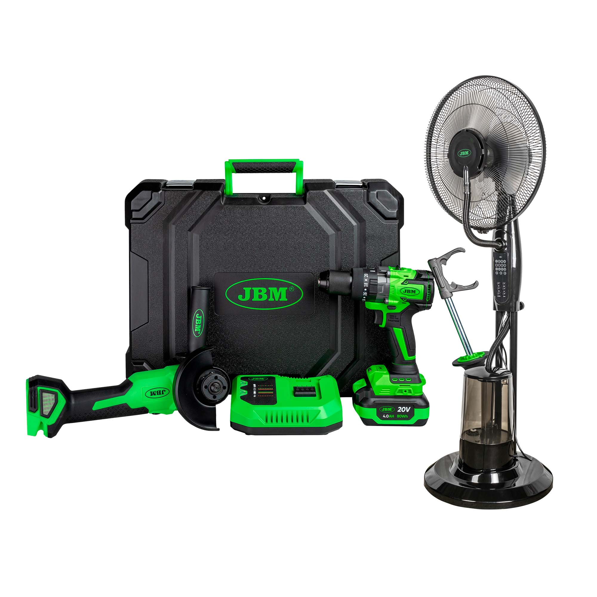 60053C KIT MEULEUSE D’ANGLE ET PERCEUSE À PERCUSSION SANS FIL + 54125 VENTILATEUR NÉBULISEUR D'EAU