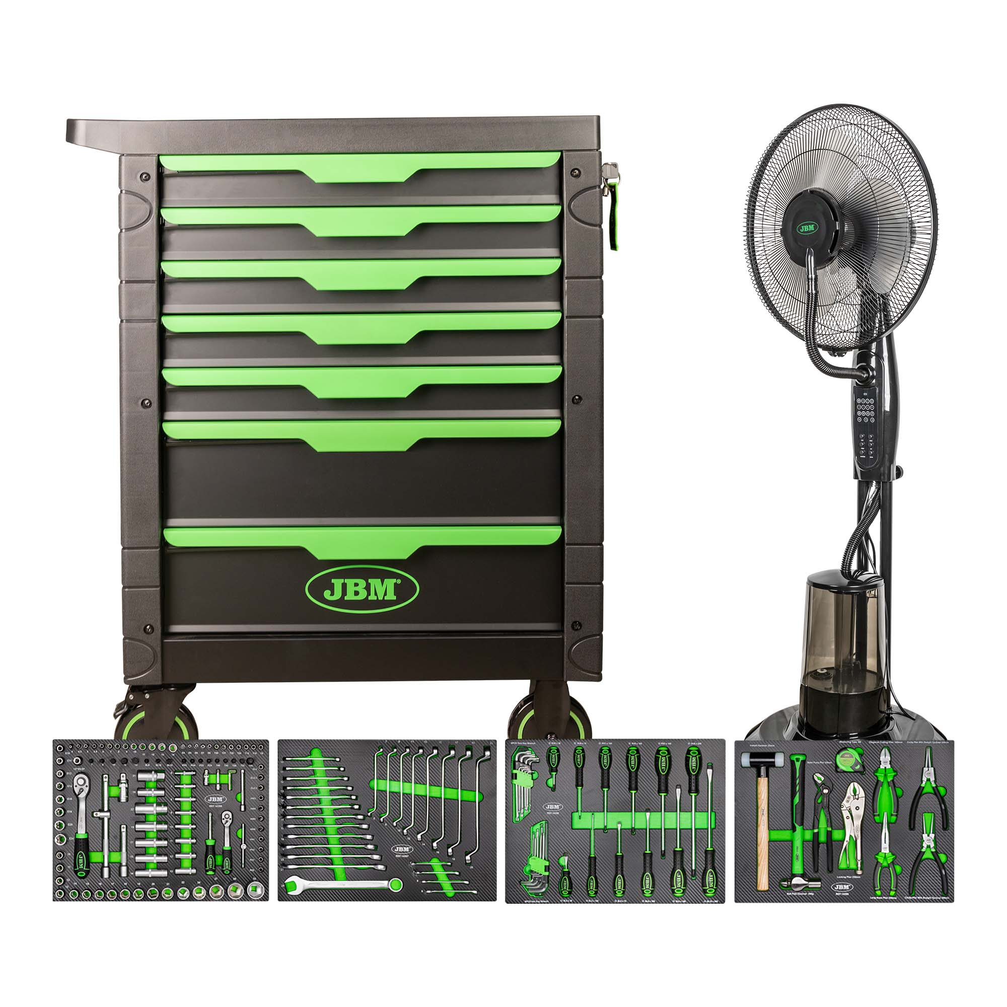 54389 SERVANTE D'OUTILS 7 TIROIRS - VERD + 54125 VENTILATEUR NÉBULISEUR D'EAU 75W