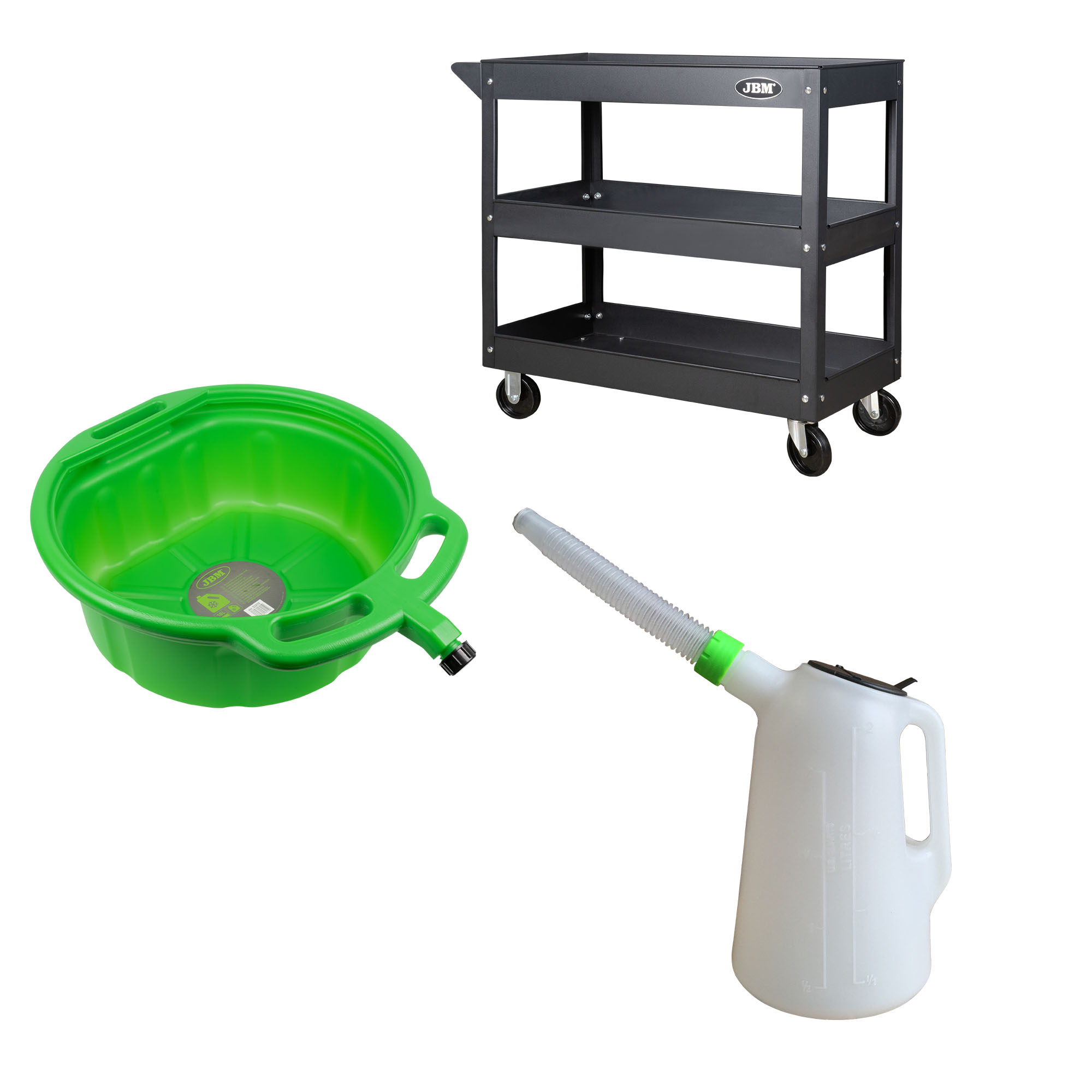 SERVANTE ATELIER 3 PLATEAUX + BAC DE VINDAGE ANTIGEL 18L + CARAFE AVEC GOULOT FLEXIBLE 2L