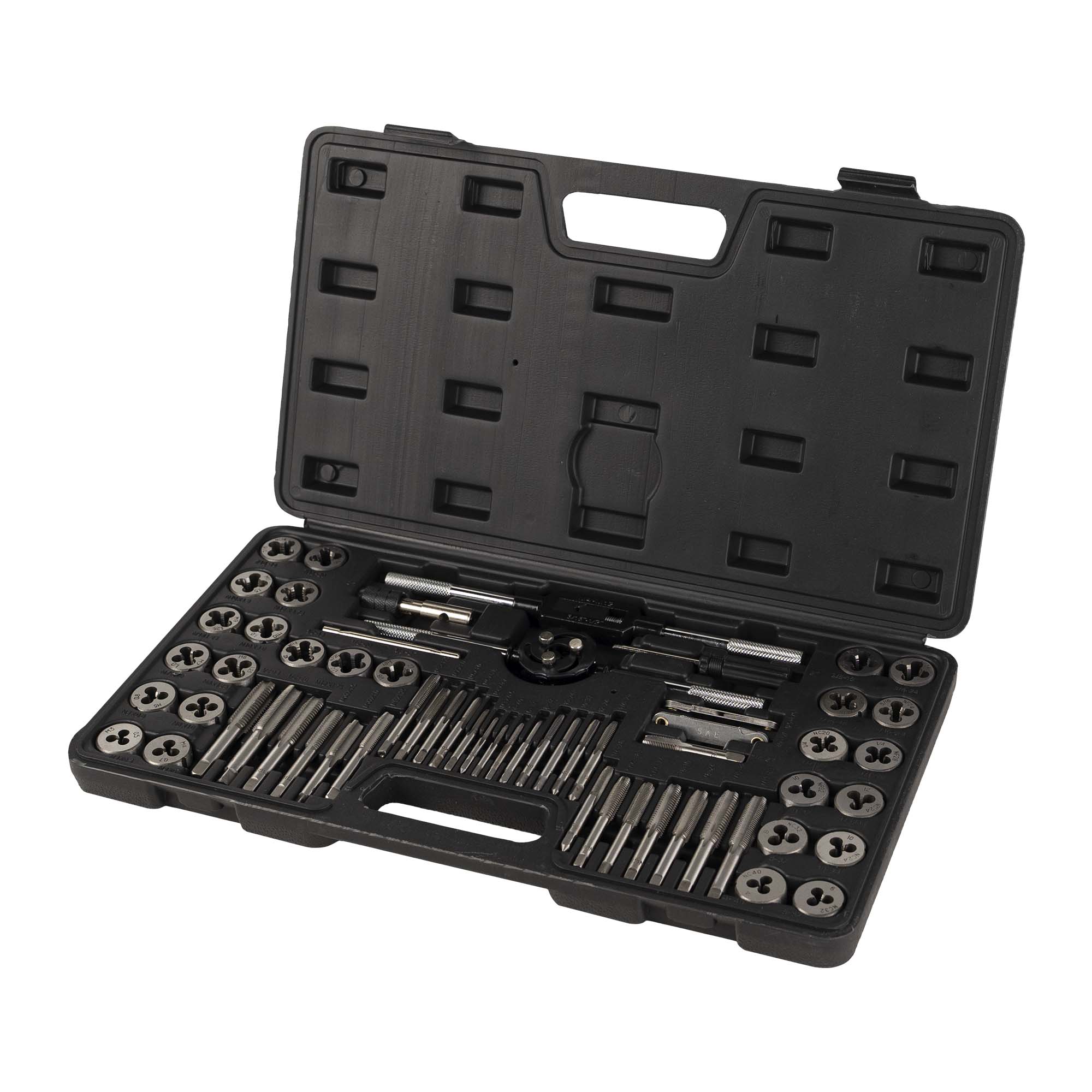 ESTUCHE MÉTRICO CON 60 PIEZAS DE MACHOS Y TERRAJAS COMBINADO MÉTRICO Y PULGADA