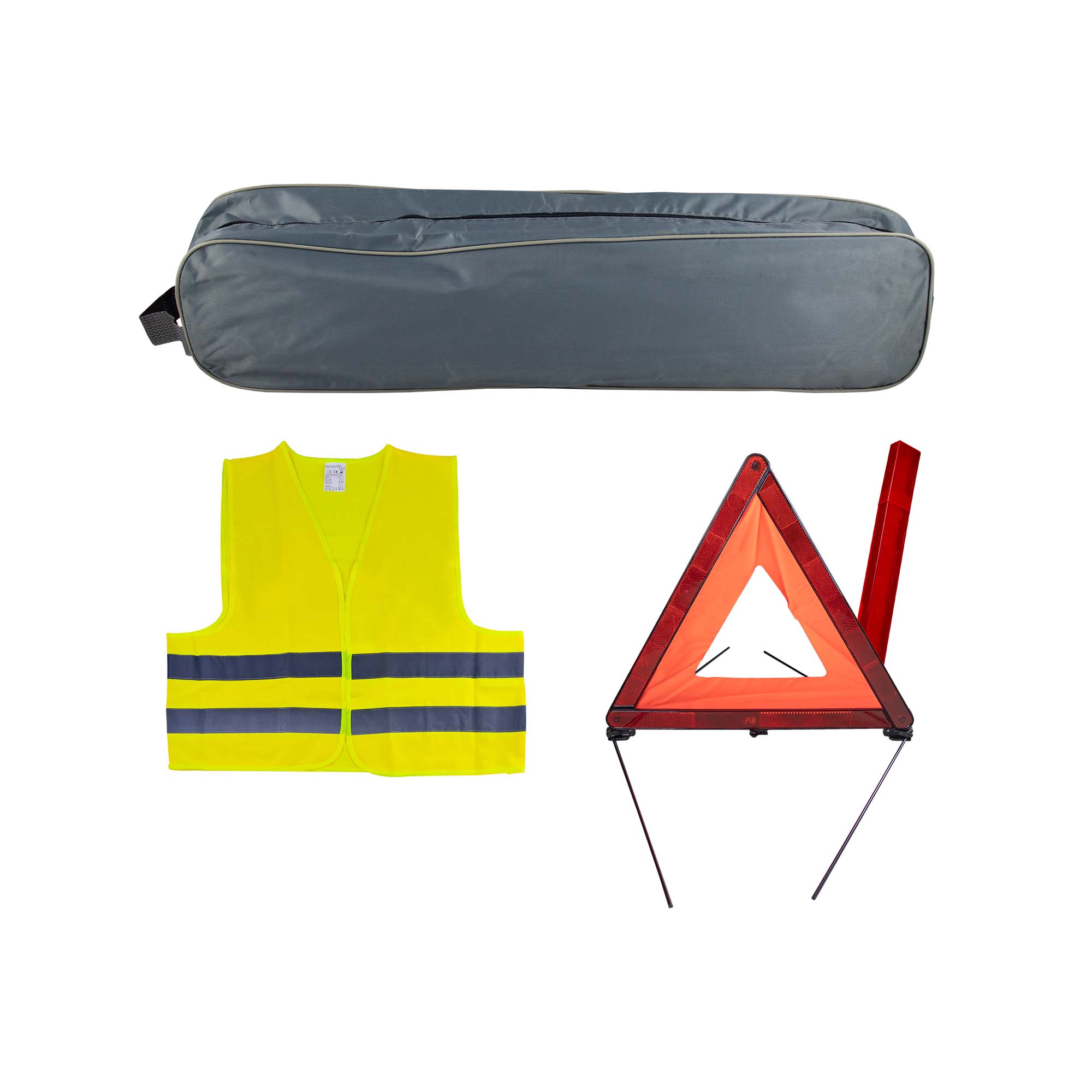 KIT DE SÉCURITÉ + POCHETTE GRIS AVEC RIVET + GILET FLUO + TRIANGLE DE PRESIGNALITSATION
