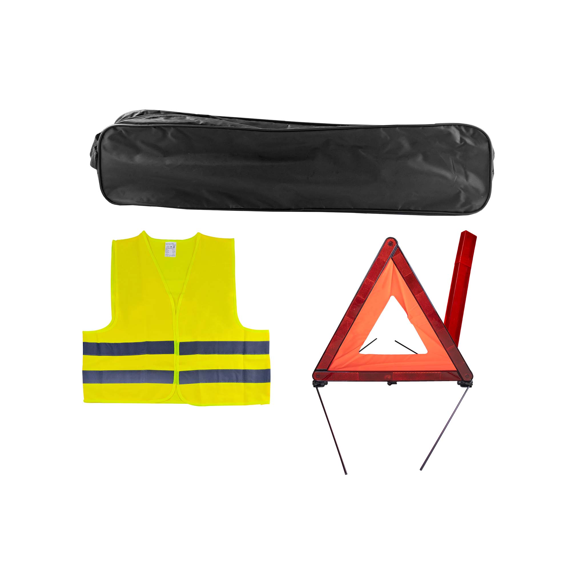 KIT DE SÉCURITÉ + POCHETTE NOIR AVEC RIVET + GILET FLUO + TRIANGLE DE PRESIGNALITSATION