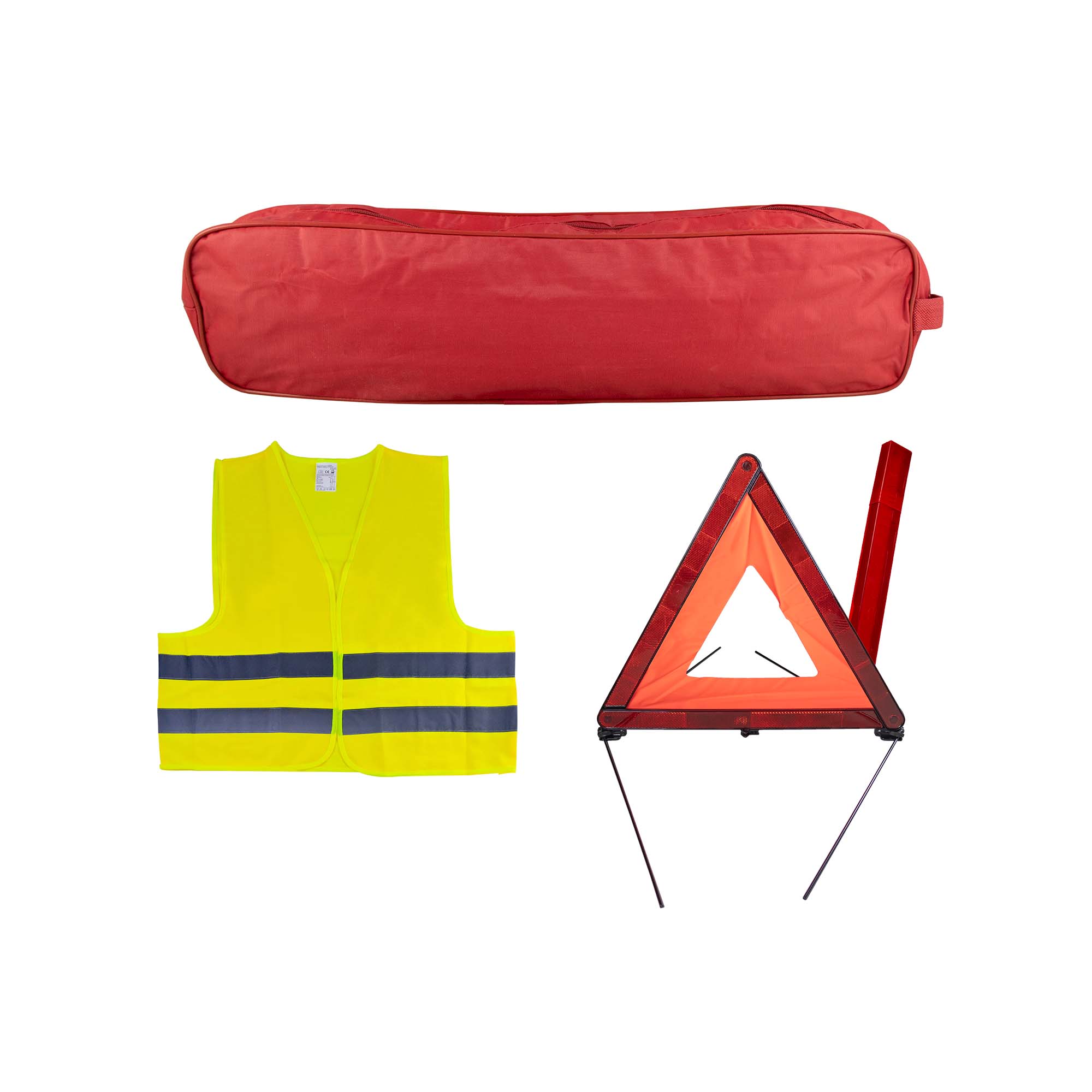 KIT DE SÉCURITÉ + POCHETTE ROUGE AVEC RIVET + GILET FLUO + TRIANGLE DE PRESIGNALITSATION