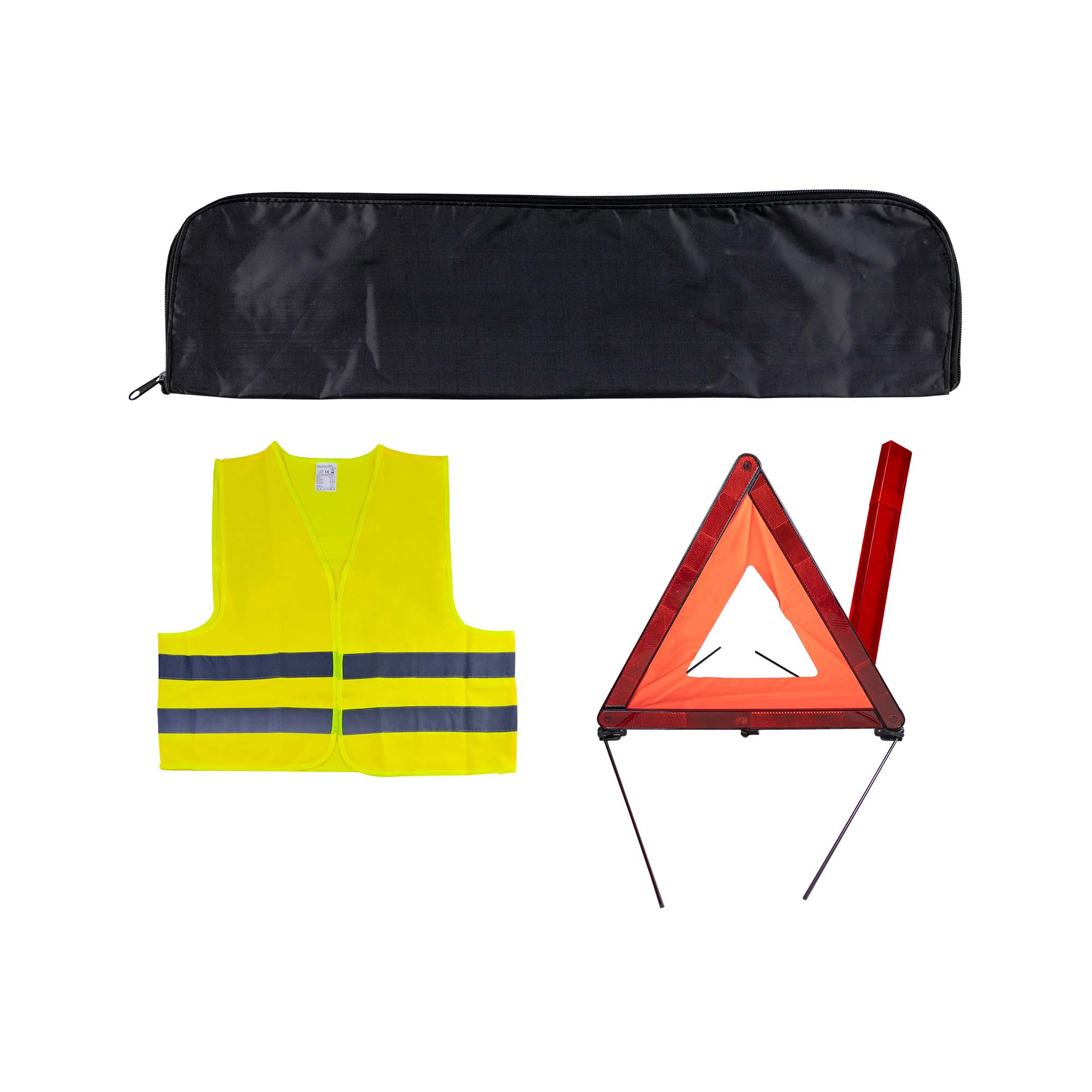 KIT DE SÉCURITÉ + POCHETTE MINIE NOIR + GILET FLUO + TRIANGLE DE PRESIGNALITSATION
