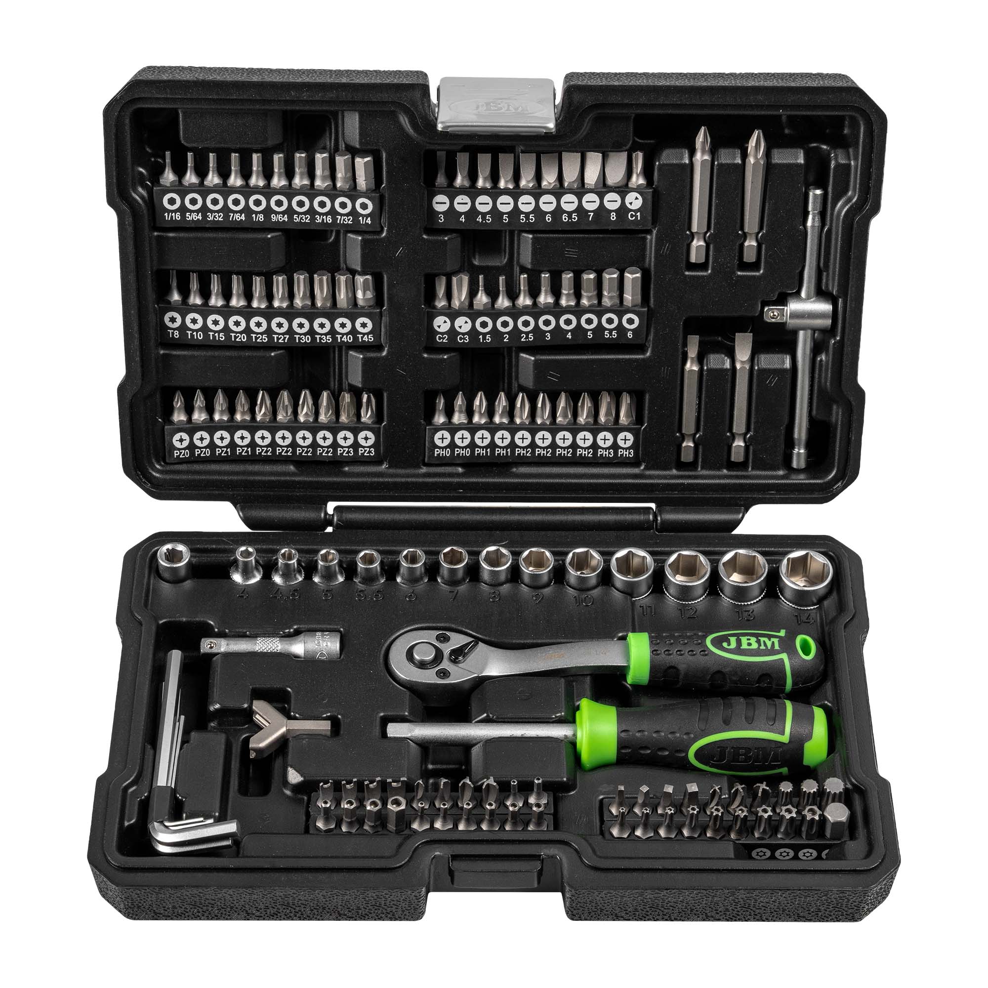 COFFRET À OUTILS DE 130 PIÈCES AVEC DOUILLES ET EMBOUTS 1/4" – FINITION ZINGUÉE