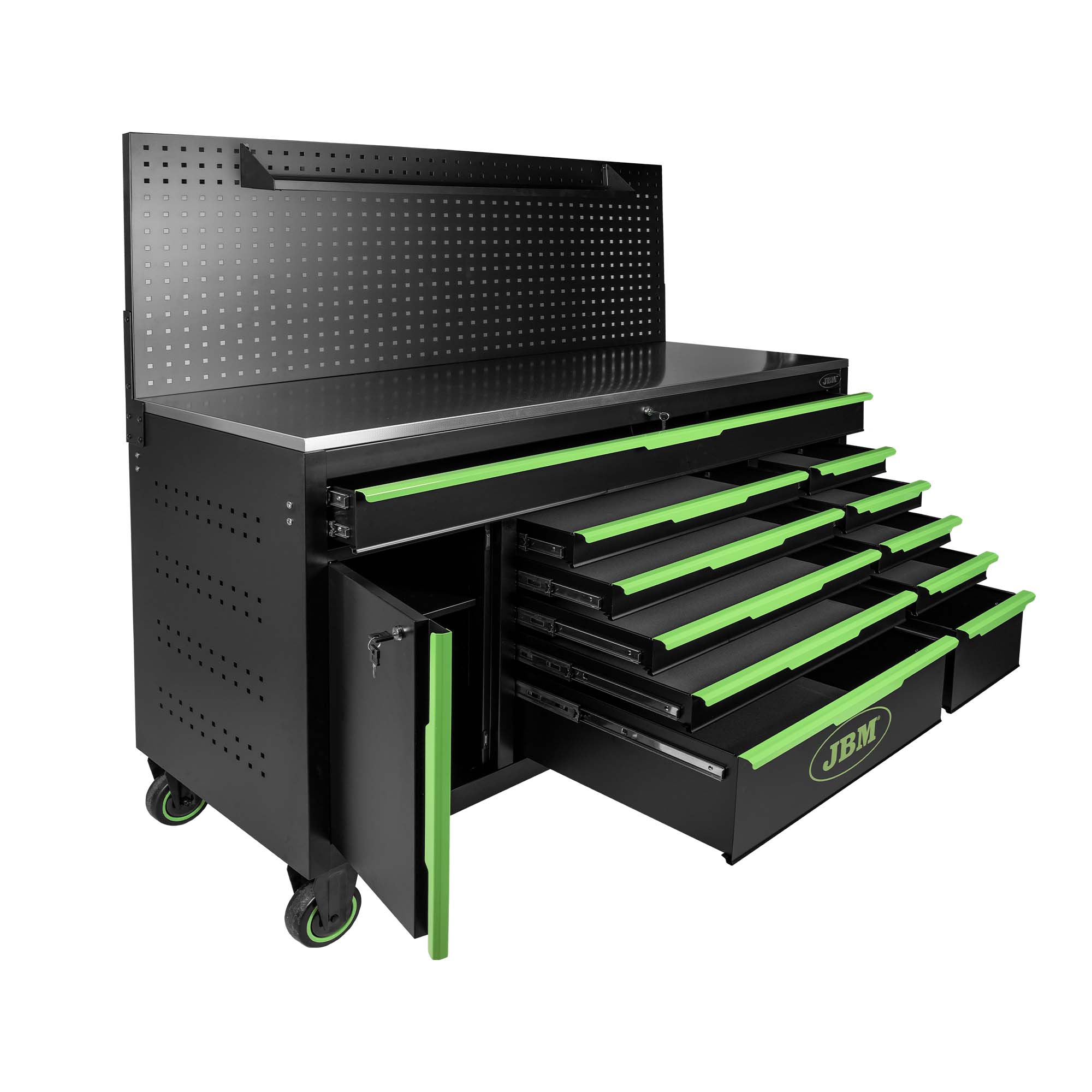 SERVANTE À OUTILS 11 TIROIRS - VERTE - VIDE - AVEC PANNEAU PERFORÉ – VIDE