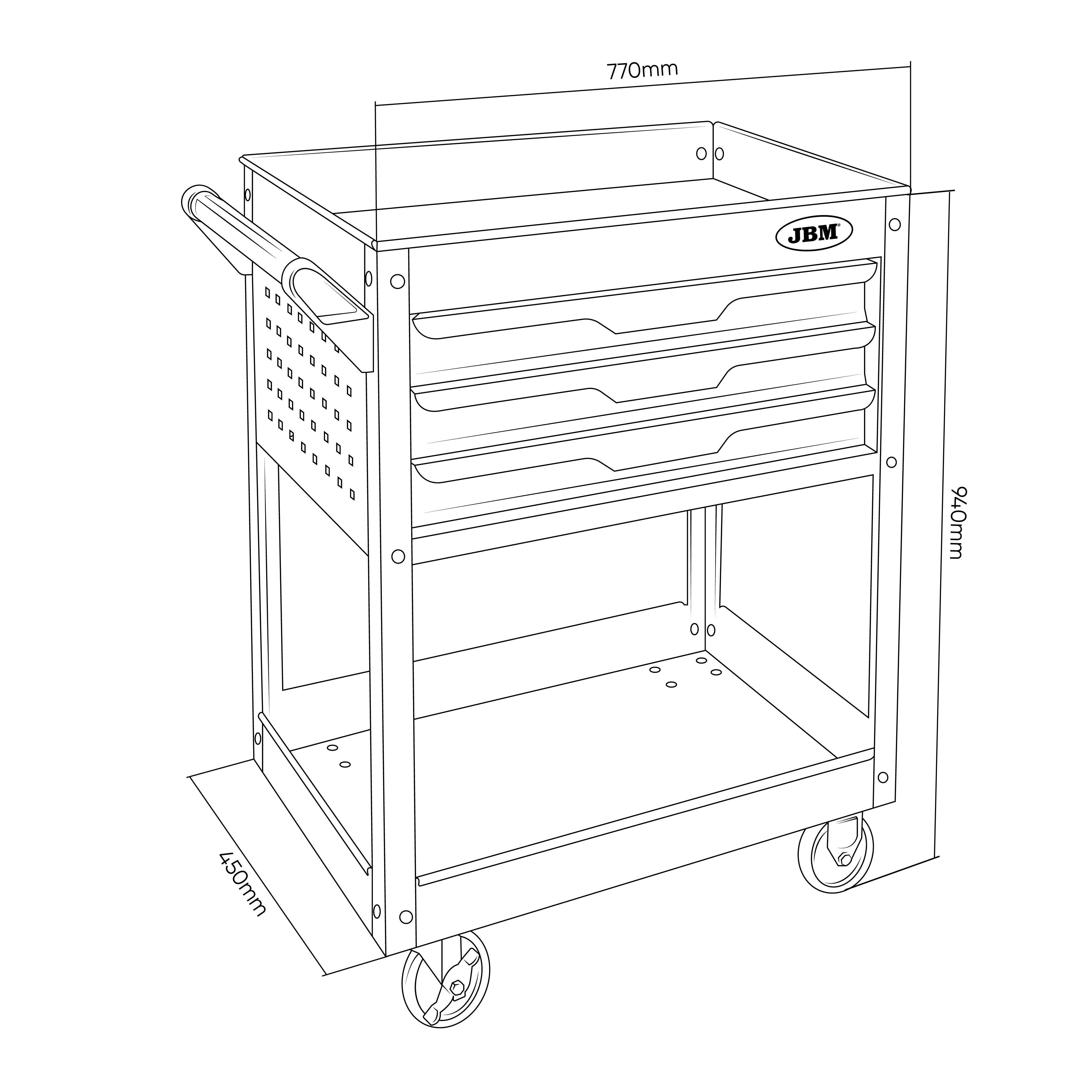 SERVANTE ATELIER 1 PLATEAU + 3 TIROIRS + GRILLES LATÉRALES