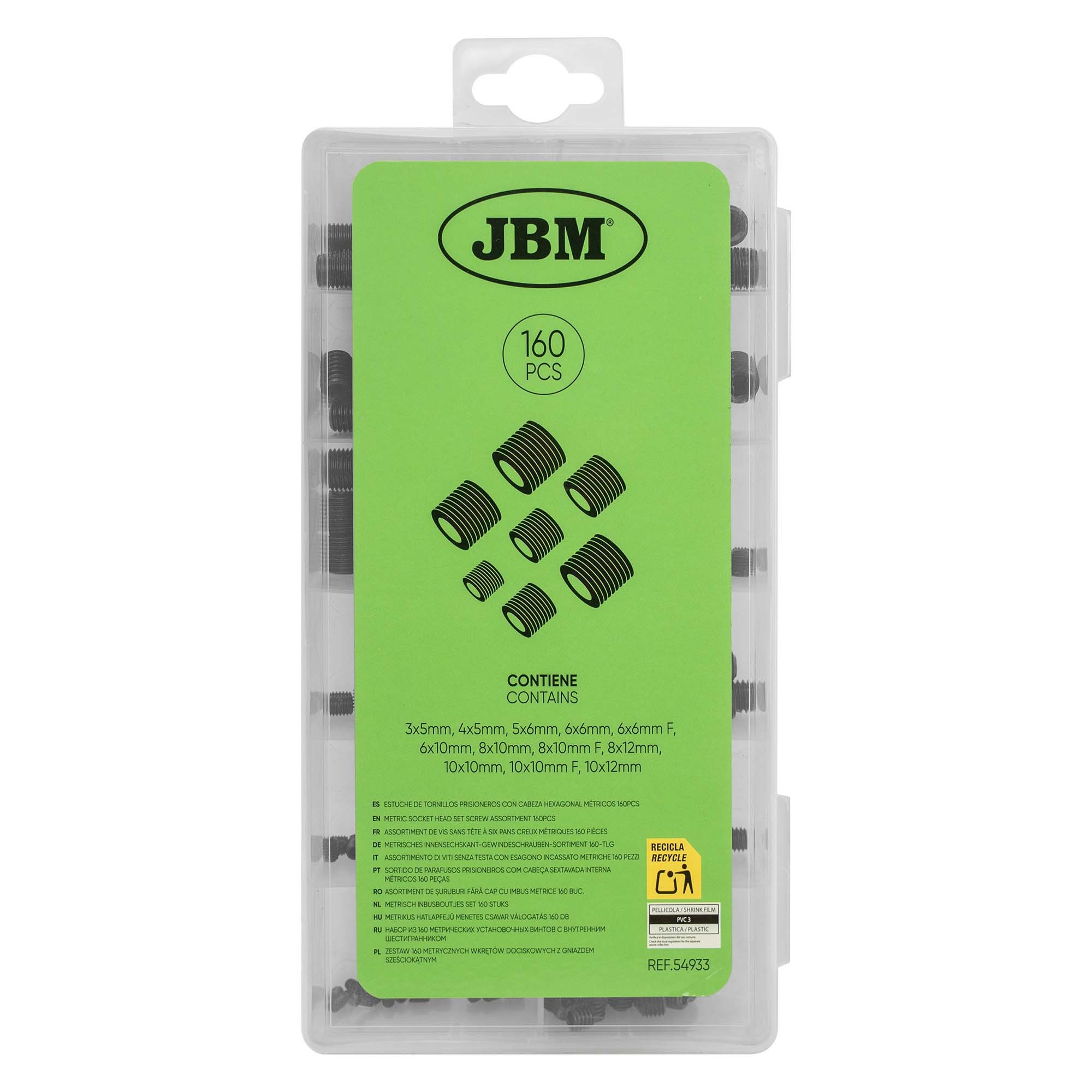 ESTUCHE DE TORNILLOS PRISIONEROS CON CABEZA HEXAGONAL MÉTRICOS 160PCS