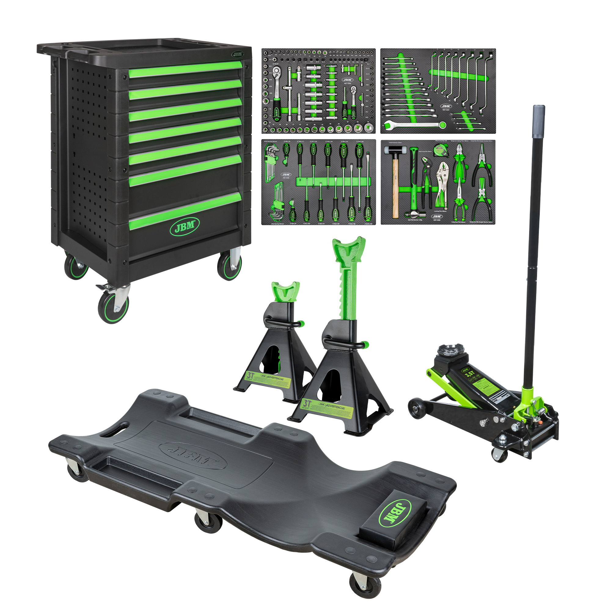 SERVANTE D’ATELIER 53904 + CRIC 3,5T 50818 + CHARIOT DE MÉCANICIEN 52148 + CHANDELLES 3T 53779