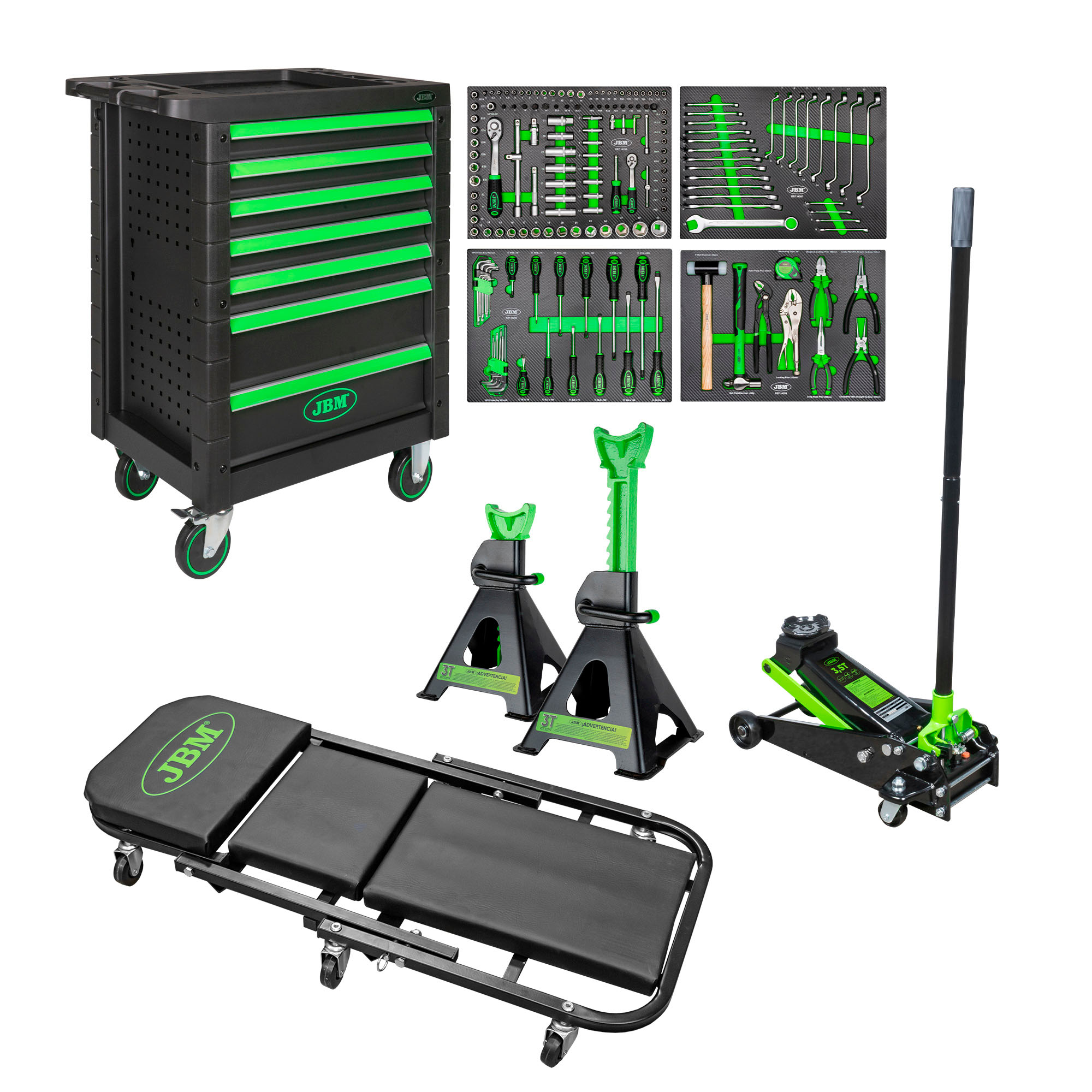 CARRO CON HERRAMIENTAS 53904 + GATO 3,5T 50818 + CAMILLA 52148 + CABALLETES 3T 53779
