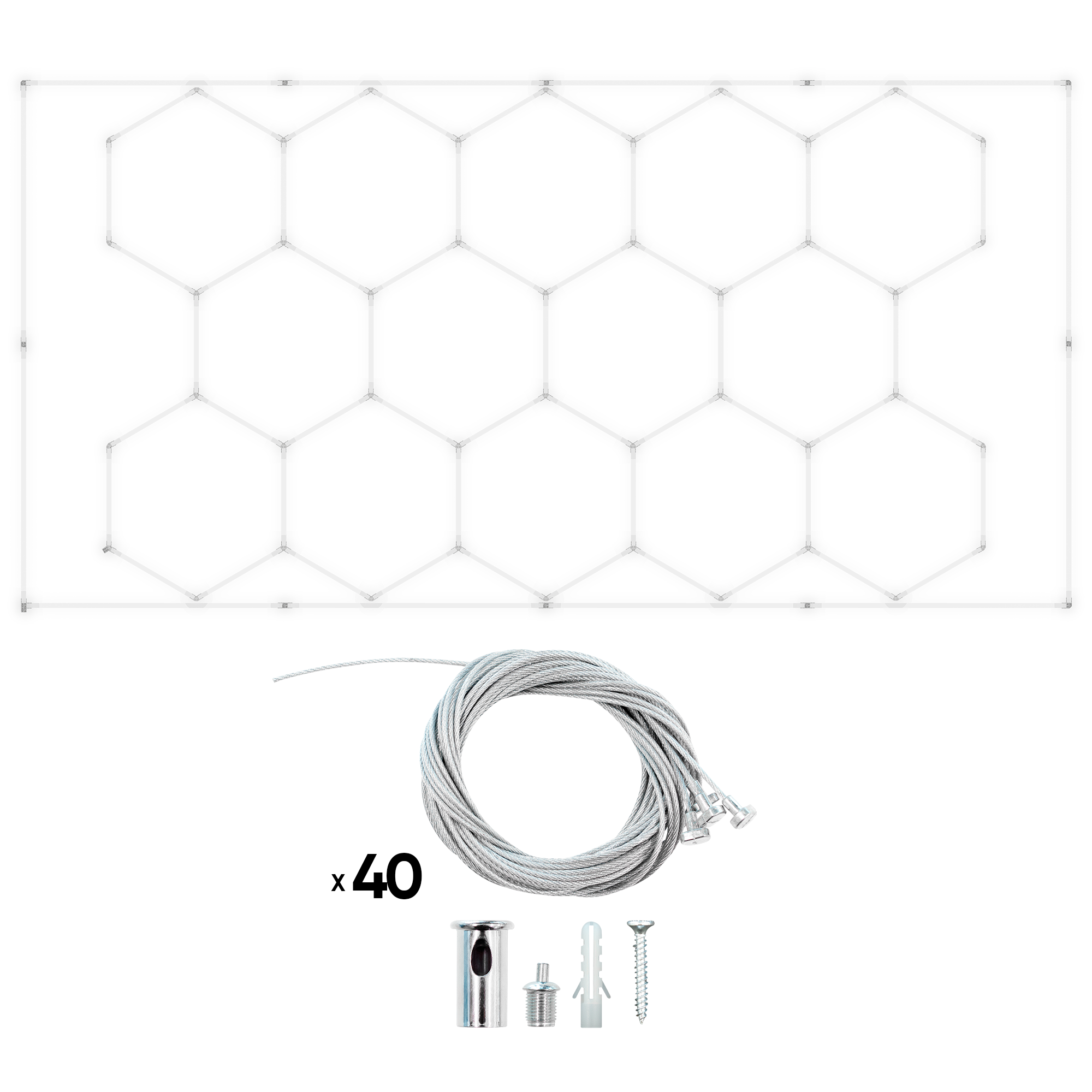 KIT DE LUMINAIRES LED HEXAGONAUX POUR PLAFOND AVEC KIT DE CÂBLE MÉTALLIQUE DE SUSPENSION