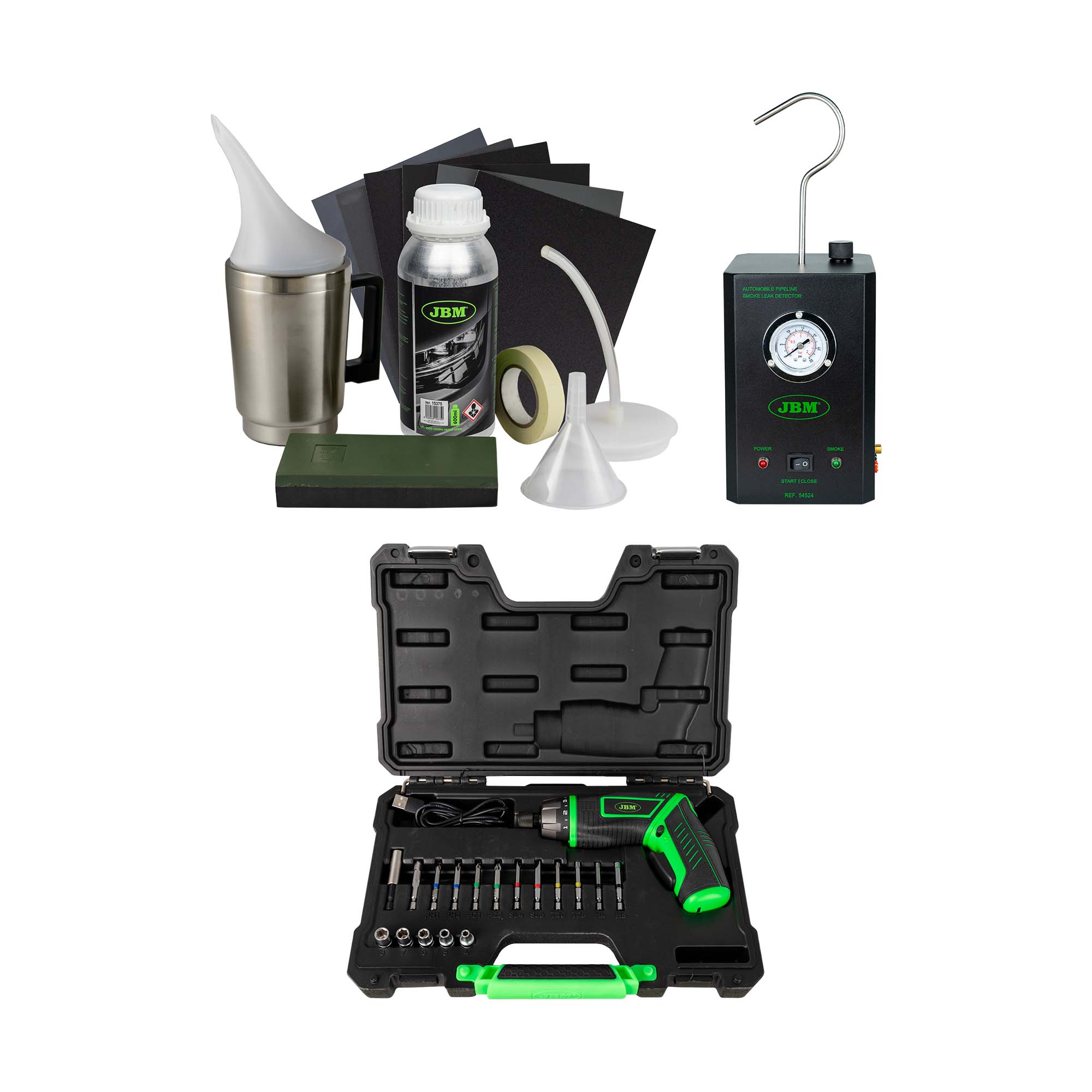 53673 KIT DE RESTAURACIÓN DE FAROS + 54524 DETECTOR DE FUGAS + 54683 ATORNILLADOR A BATERÍA