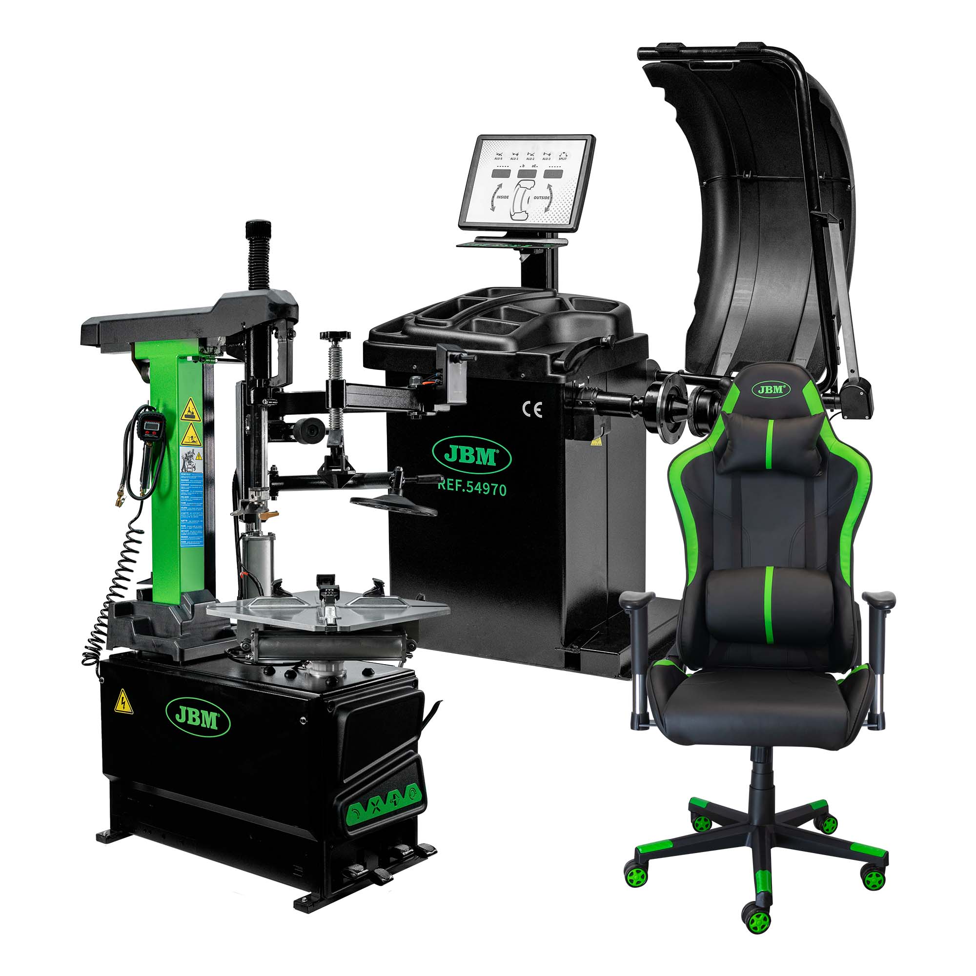54970 ÉQUILIBREUSE DE ROUES NUMÉRIQUE + 55022 DÉMONTE-PNEUS + 53956 CHAISE