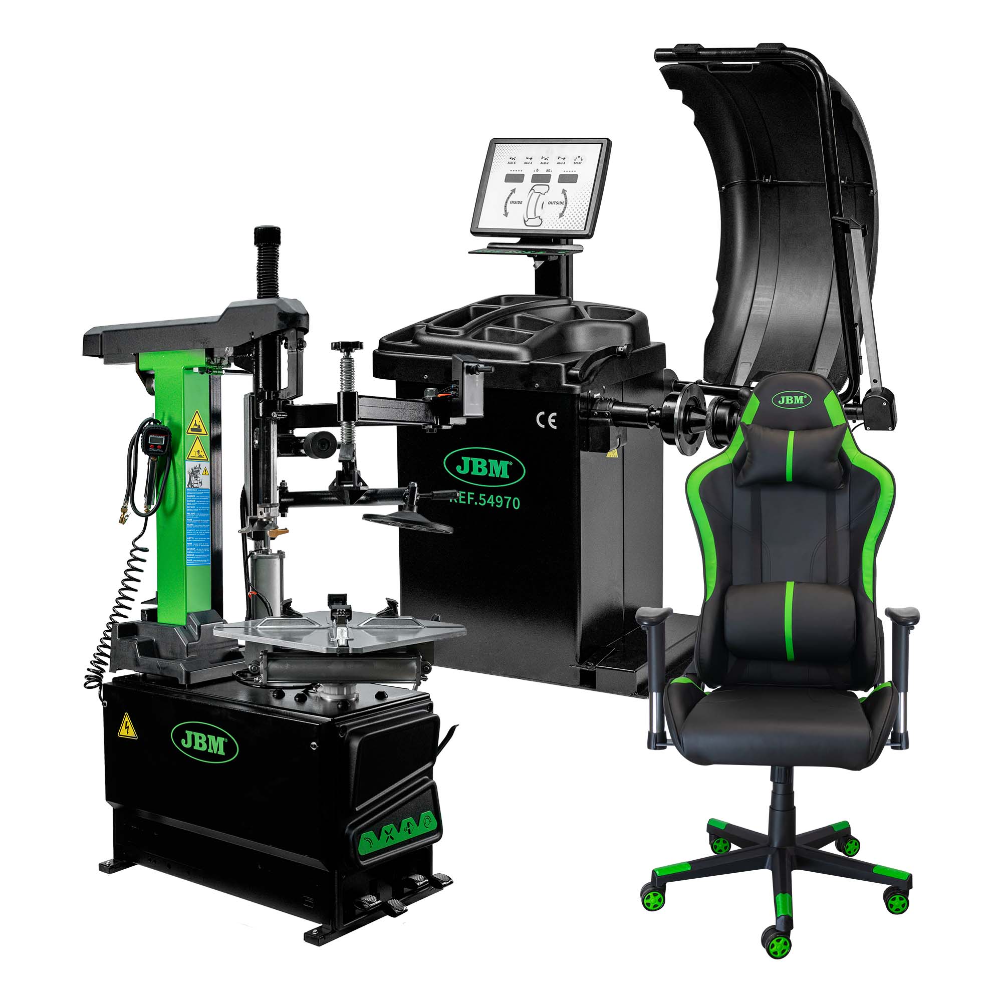 54970 ÉQUILIBREUSE DE ROUES NUMÉRIQUE + 54964 DÉMONTE-PNEUS + 53956 CHAISE